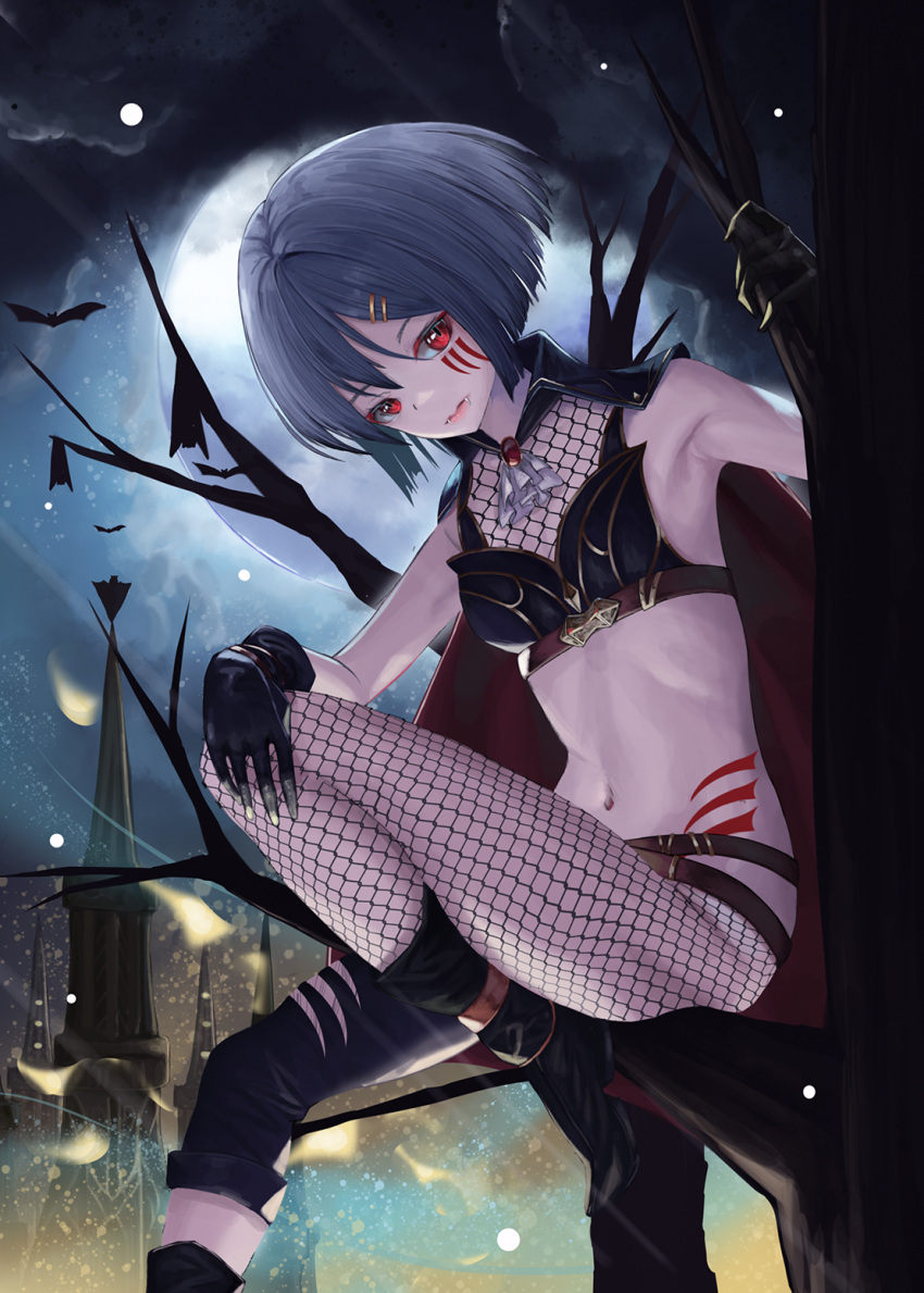 1girl armpits asymmetrical_legwear belt black_bra black_gloves blue_hair bra breasts brown_belt closed_mouth facial_mark fangs fangs_out fishnet_pantyhose fishnets gloves hair_ornament hairclip hand_on_own_knee highres looking_at_viewer midriff navel nekobell night original pants pantyhose red_eyes short_hair single_legging sitting small_breasts solo stomach torn underwear