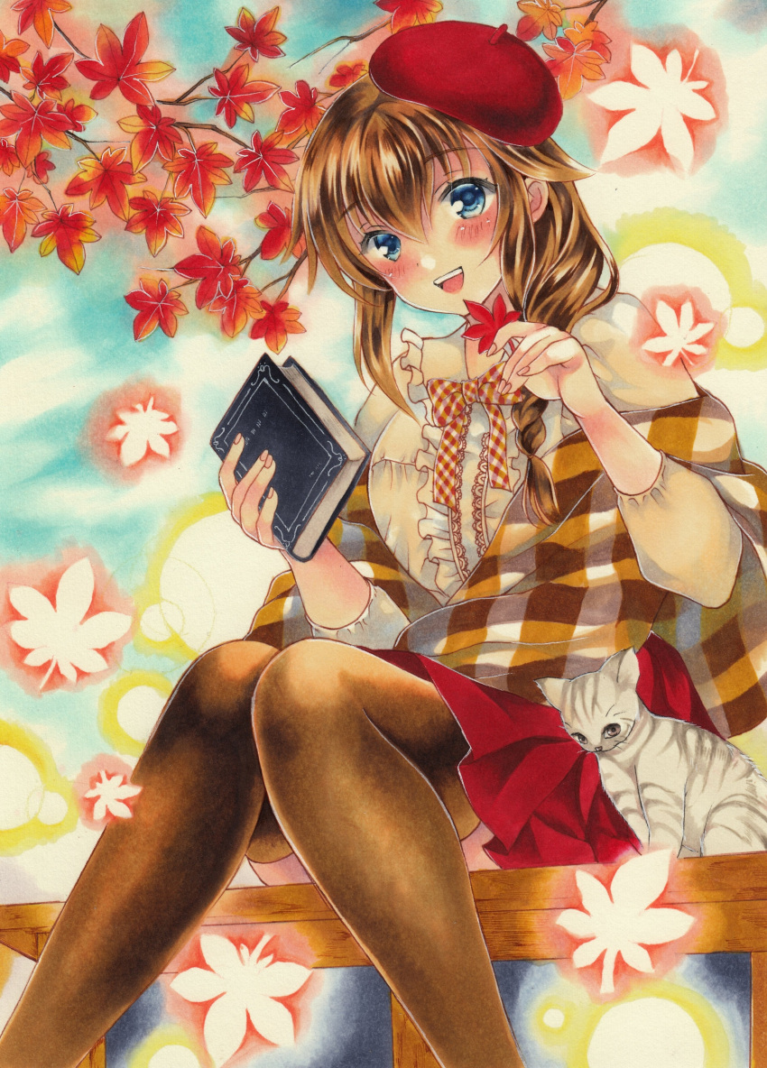 1girl absurdres alternate_costume autumn_leaves beret blue_eyes blush book bow bowtie braid brown_hair cat checkered checkered_neckwear checkered_scarf chibi_neko commentary_request eyebrows_visible_through_hair frilled_shirt frills graphite_(medium) hair_between_eyes hair_flaps hat highres holding holding_book holding_leaf kantai_collection leaf long_sleeves looking_at_viewer open_mouth pantyhose red_headwear red_skirt remodel_(kantai_collection) scarf shigure_(kantai_collection) shirt single_braid sitting skirt smile solo traditional_media white_shirt