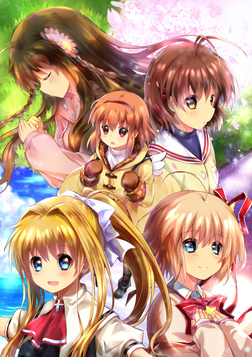 5girls absurdres air antenna_hair backpack bag beach beige_sweater blonde_hair blue_eyes blue_sky bow braid brown_eyes brown_hair brown_mittens cherry_blossoms clannad closed_eyes clouds commentary_request company_connection crossover flower furukawa_nagisa grass hair_flower hair_ornament hair_ribbon hairband highres hikarizaka_private_high_school_uniform hood hooded_jacket hoodie jacket kamikita_komari kamio_misuzu kanbe_kotori kanon key_(company) little_busters!! lliissaawwuu2 long_hair looking_at_viewer lying mittens multiple_girls on_side outstretched_arms pink_bow pink_jacket ponytail red_eyes rewrite ribbon school_uniform short_hair sky smile tree tsukimiya_ayu twin_braids twintails upper_body winged_backpack