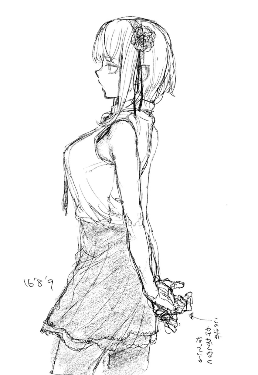 1girl breasts closed_mouth commentary_request dagashi_kashi flower hair_flower hair_ornament hairband highres kotoyama monochrome shidare_hotaru short_hair simple_background sketch skirt solo white_background