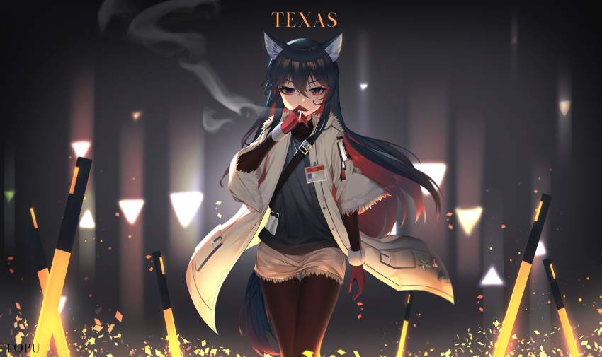 1girl animal_ear_fluff animal_ears arknights black_hair black_shirt brown_legwear character_name cigarette coat colored_inner_hair cutoffs gloves hair_between_eyes highres holding id_card long_hair looking_at_viewer multicolored_hair open_clothes open_coat pantyhose red_eyes red_gloves redhead shirt short_shorts shorts smoke smoking solo standing strap tail texas_(arknights) tttanggvl two-tone_hair white_coat white_shorts wide_shot