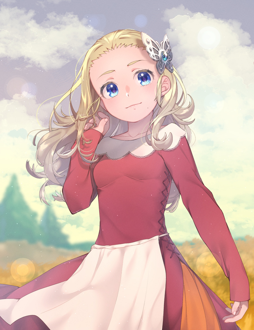 1girl absurdres anlucea apron arm_at_side blonde_hair blue_eyes blurry blurry_background bokeh breasts butterfly_hair_ornament closed_mouth cowboy_shot cross-laced_clothes day depth_of_field dragon_quest dragon_quest_x dress glint hair_flip hair_ornament hair_slicked_back highres light_particles long_hair long_sleeves looking_at_viewer mole mole_under_mouth outdoors red_dress sky sleeves_past_wrists small_breasts smile solo waist_apron white_apron yupiteru