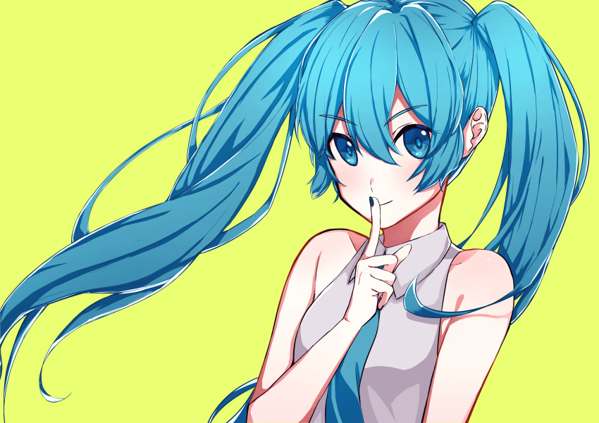 1girl absurdres bangs blue_eyes blue_hair blue_nails blue_neckwear closed_mouth collared_shirt eyebrows_visible_through_hair finger_to_mouth floating_hair grey_shirt hair_between_eyes hatsune_miku highres index_finger_raised long_hair looking_at_viewer nail_polish necktie shiny shiny_hair shirt simple_background sleeveless sleeveless_shirt smile solo upper_body user_ecgy8843 very_long_hair vocaloid wing_collar yellow_background