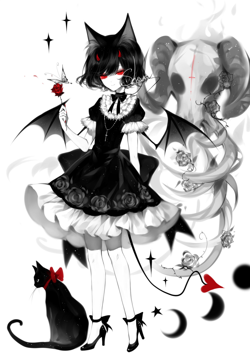 1girl animal_ears artist_name black_cat black_choker black_dress black_footwear black_hair bug butterfly cat cat_ears cat_tail choker cross cross_necklace demon_horns demon_tail demon_wings dress floral_print flower full_body high_heels highres holding holding_flower horns insect jewelry limited_palette looking_at_viewer necklace original puffy_short_sleeves puffy_sleeves red_eyes red_flower red_rose ribbon_choker rose sheya short_hair short_sleeves signature skull smile solo spot_color standing tail wings
