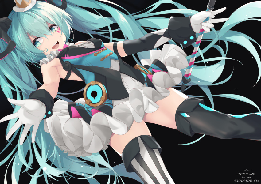 1girl absurdres bare_shoulders black_background black_footwear boots breasts commentary eyebrows_visible_through_hair facial_mark frills from_below gloves hair_between_eyes hatsune_miku highres holding kana616 long_hair magical_mirai_(vocaloid) simple_background small_breasts smile solo striped_footwear twintails upper_teeth vocaloid white_gloves