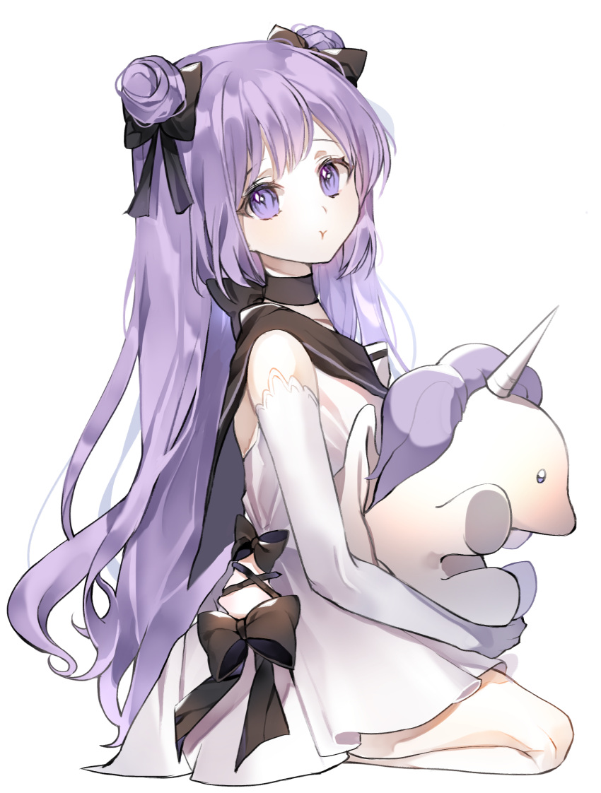 1girl :t absurdres azur_lane bangs black_bow black_choker black_sailor_collar blush bow choker closed_mouth commentary cross-laced_clothes double_bun dress elbow_gloves english_commentary eyebrows_visible_through_hair full_body gloves hair_bow highres long_hair looking_at_viewer looking_to_the_side object_hug pout purple_hair rang_ji7 sailor_collar sailor_dress seiza simple_background sitting solo stuffed_alicorn stuffed_animal stuffed_toy unicorn_(azur_lane) very_long_hair violet_eyes white_background white_dress white_gloves