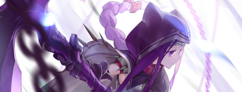 1girl blurry blurry_background blurry_foreground bow braid cape chain closed_mouth commentary_request depth_of_field fate/grand_order fate_(series) floating_hair gauntlets grey_cape hair_bow holding holding_weapon hood hood_up hooded_cape long_hair looking_away medusa_(lancer)_(fate) multicolored multicolored_cape multicolored_clothes nuda purple_cape purple_hair red_bow simple_background solo upper_body very_long_hair violet_eyes weapon white_background