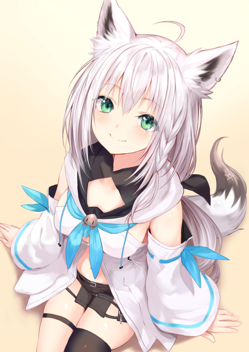 1girl absurdres ahoge animal_ear_fluff animal_ears bangs bare_shoulders black_shorts blue_eyes blue_neckwear blush braid breasts closed_mouth commentary detached_sleeves eyebrows_visible_through_hair fox_ears fox_girl fox_tail highres hololive long_hair looking_at_viewer medium_breasts shirakami_fubuki shirt short_shorts shorts single_braid single_thighhigh sitting sleeveless sleeveless_shirt smile solo sukemyon tail thigh-highs thigh_strap virtual_youtuber white_background white_shirt