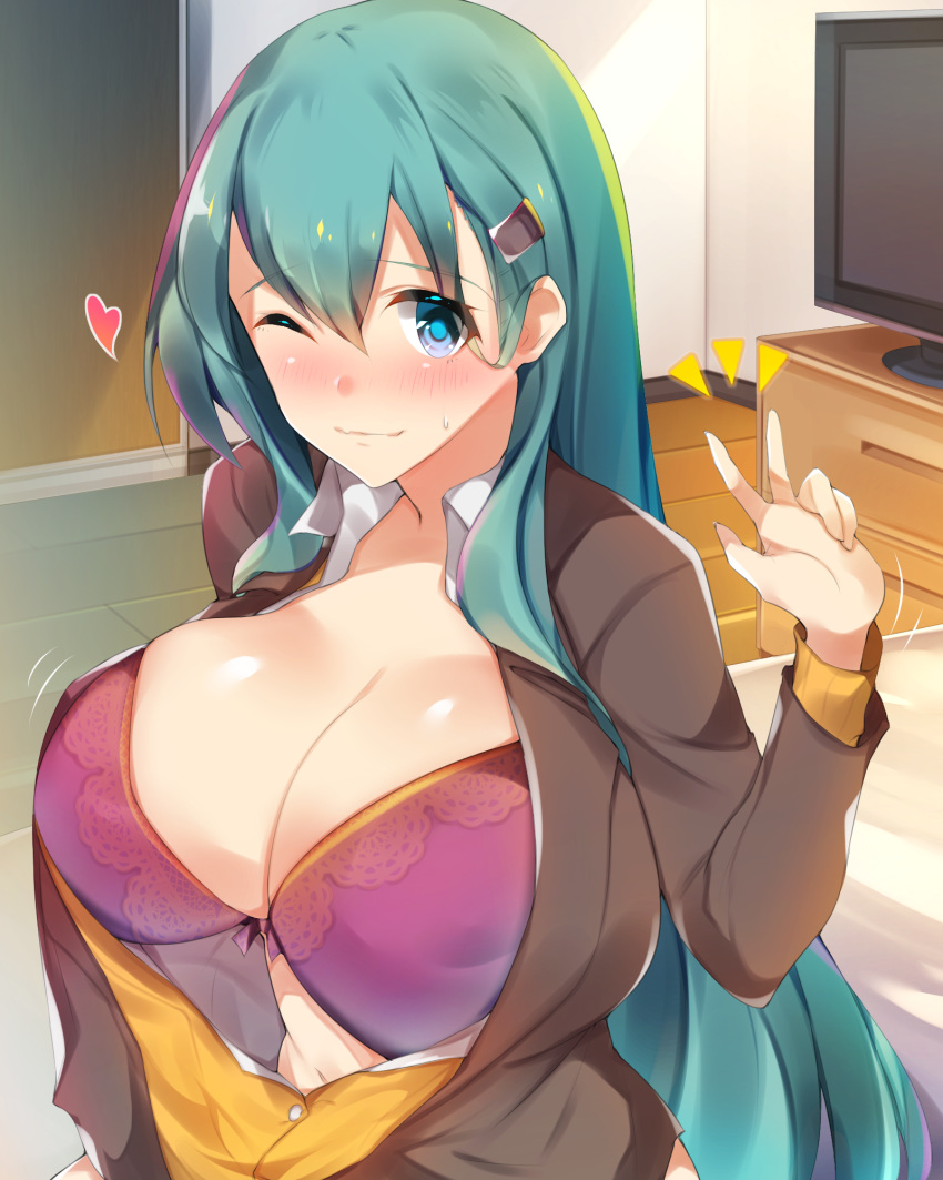 1girl aqua_eyes aqua_hair blazer blouse blurry blush bra breasts brown_jacket depth_of_field hair_between_eyes highres huge_breasts indoors jacket kantai_collection light_smile long_hair looking_at_viewer ogata_aki one_eye_closed open_blazer open_blouse open_clothes open_jacket purple_bra revision sliding_doors smile solo suzuya_(kantai_collection) television underwear wooden_floor