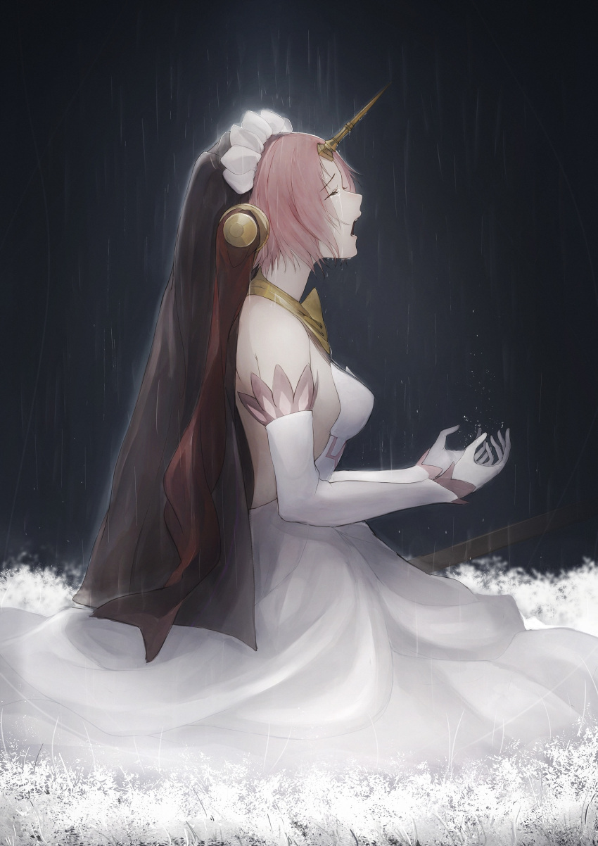 1girl absurdres bare_shoulders blush breasts closed_eyes crying dress elbow_gloves fate/apocrypha fate_(series) frankenstein's_monster_(fate) from_side gloves highres horn marumoru on_ground open_mouth pink_hair profile rain short_hair sleeveless sleeveless_dress small_breasts solo tears veil white_dress white_gloves