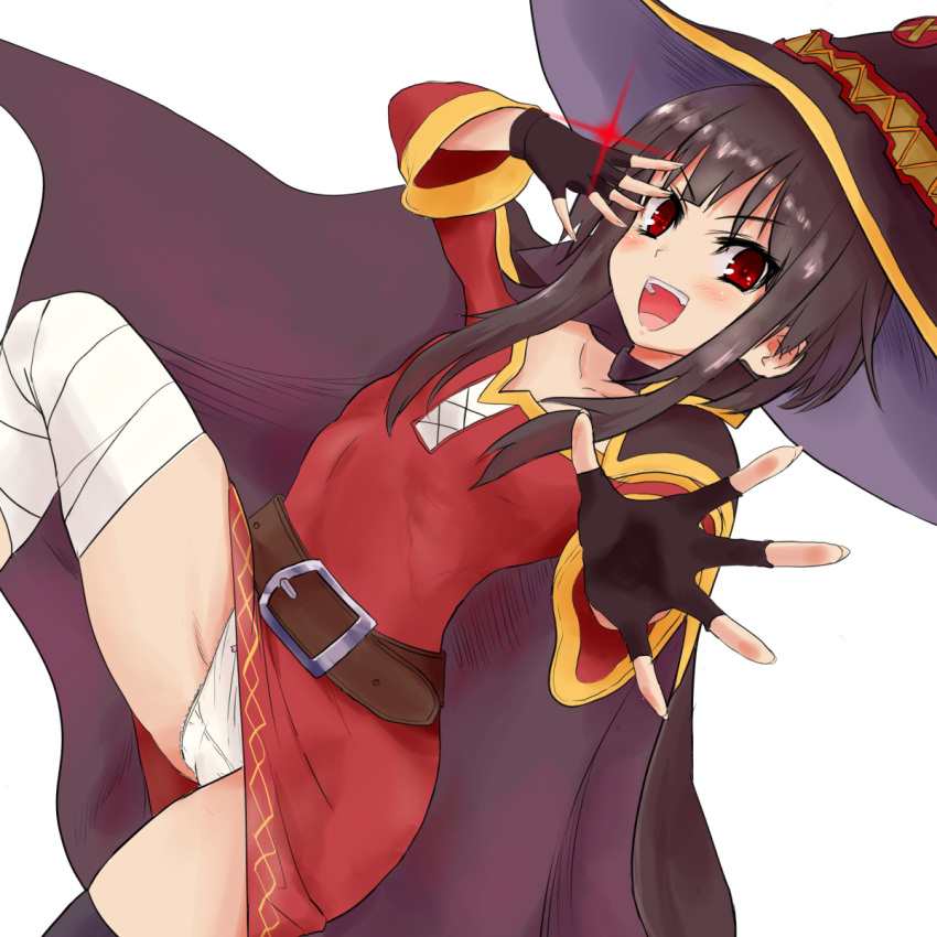 1girl awayuki_tobari bandaged_leg bandages belt black_hair black_legwear blush breasts brown_hair cape dress fingerless_gloves gloves hat highres kono_subarashii_sekai_ni_shukufuku_wo! looking_at_viewer megumin open_mouth panties red_dress red_eyes short_hair simple_background single_thighhigh smile solo thigh-highs underwear white_background white_panties witch_hat