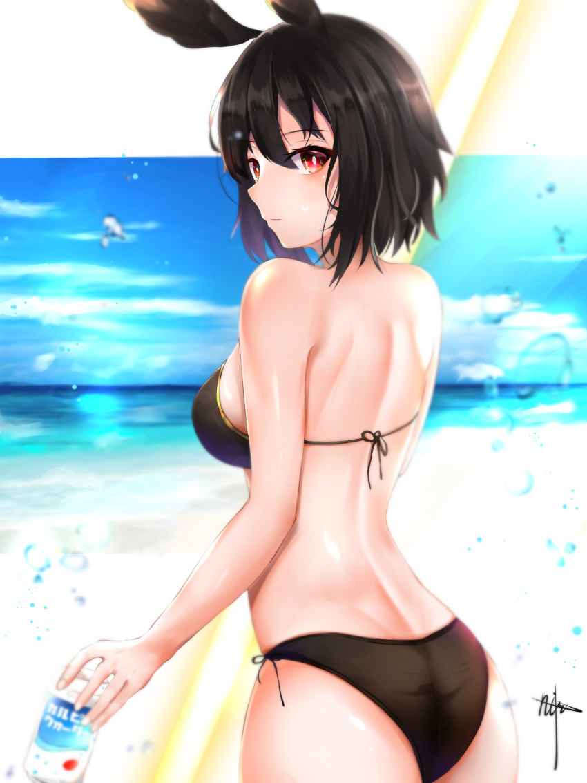 1girl 4min absurdres ass back bare_shoulders bikini black_bikini black_hair black_swimsuit breasts can commentary_request eyebrows eyebrows_visible_through_hair eyelashes eyelashes_visible_through_hair eyes eyes_visible_through_hair fate/grand_order fate_(series) from_behind head_wings highres holding_can holding_polearm holding_weapon large_breasts looking_at_viewer ocean ortlinde_(fate/grand_order) outdoors polearm red_eyes short_hair sideboob signature solo standing swimsuit valkyrie_(fate/grand_order) weapon