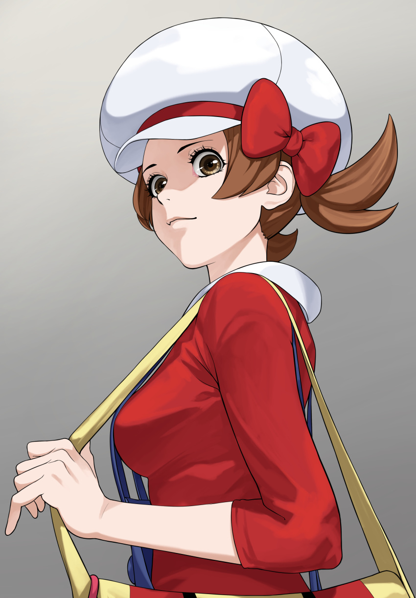 1girl absurdres bag bow breasts brown_eyes brown_hair closed_mouth from_side gradient gradient_background grey_background hand_up happy hat hat_bow highres kotone_(pokemon) long_sleeves looking_at_viewer medium_breasts overalls pokemon pokemon_(game) pokemon_hgss red_bow red_shirt shirt short_hair simple_background smile solo standing tied_hair turiganesou800 twintails upper_body white_headwear