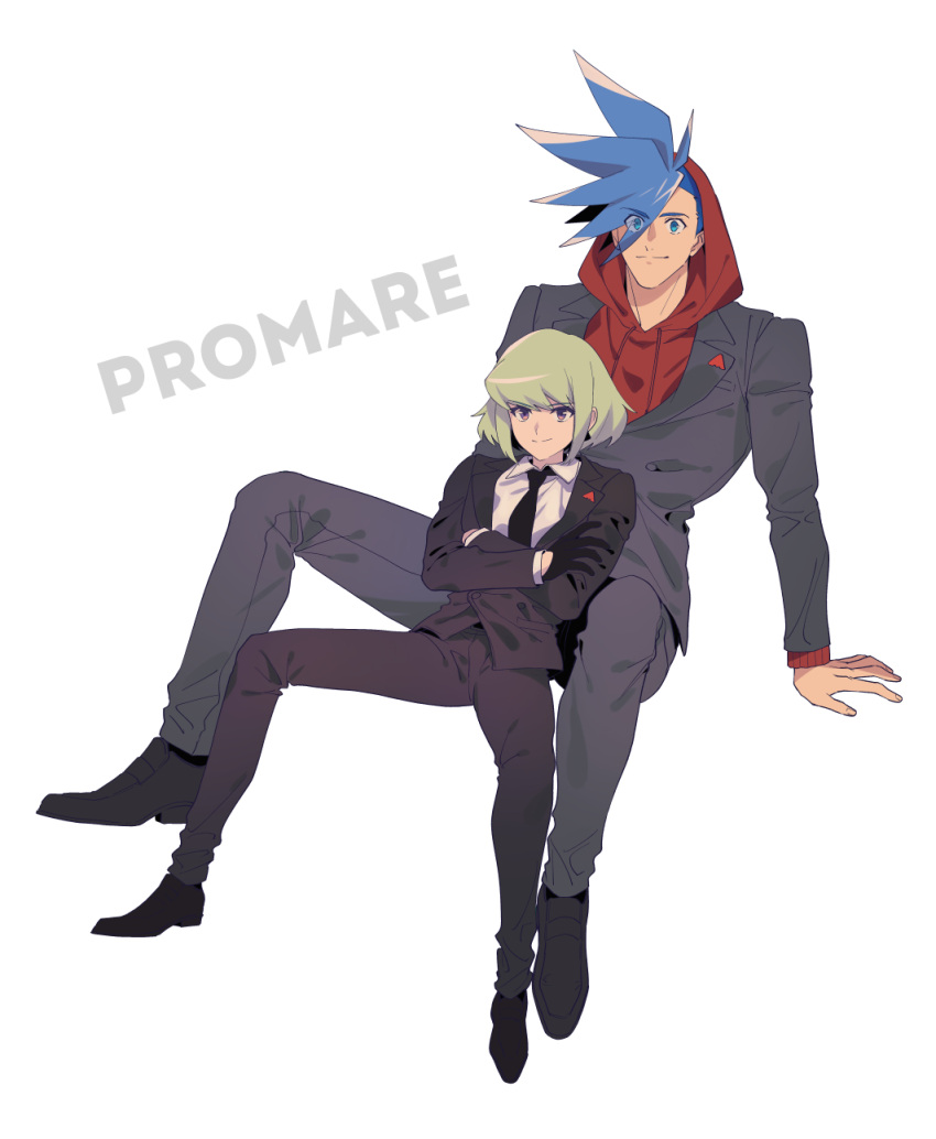 2boys blue_hair crossed_arms formal galo_thymos gloves green_hair half_gloves highres hood hood_up hoodie ke889 lio_fotia male_focus multiple_boys necktie promare sitting suit