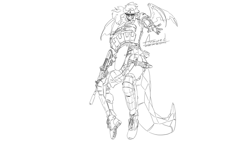 assault_rifle cutesu_(cutesuu) dragon_girl exoskeleton flying gun highres horn military monster_girl rifle science_fiction tactical_clothes tail uncolored weapon wings