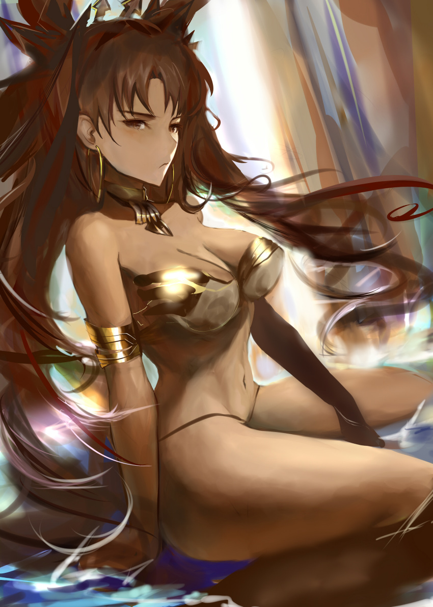 1girl absurdres armlet asymmetrical_gloves asymmetrical_legwear asymmetrical_sleeves bare_shoulders black_hair black_ribbon commentary crown detached_sleeves earrings elbow_gloves fate/grand_order fate_(series) gloves hair_ribbon highres hoop_earrings ishtar_(fate/grand_order) jewelry long_hair looking_at_viewer neck_ring red_eyes ribbon single_detached_sleeve single_elbow_glove single_thighhigh solo thigh-highs tiara yamerosanz