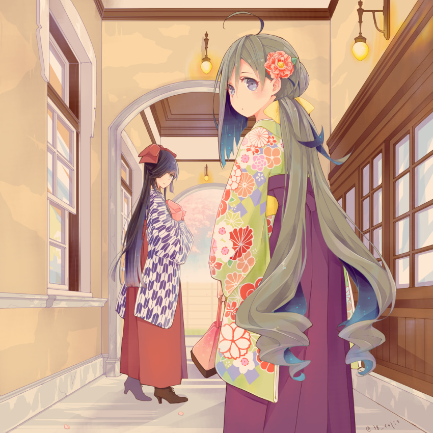 2girls ahoge alternate_costume bag black_hair boots bow brown_footwear cherry_blossoms colis cross-laced_footwear floral_print flower from_behind gradient_hair green_kimono grey_eyes grey_hair hair_between_eyes hair_bow hair_bun hair_flower hair_ornament hair_over_one_eye hallway hayashimo_(kantai_collection) japanese_clothes kantai_collection kimono kiyoshimo_(kantai_collection) lace-up_boots long_hair looking_at_viewer looking_back low_twintails meiji_schoolgirl_uniform multicolored_hair multiple_girls print_kimono purple_kimono red_bow red_eyes satchel standing twintails very_long_hair window yagasuri