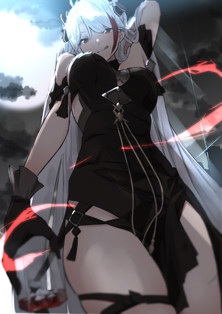 1girl :p absurdres alternate_costume antenna_hair arm_behind_head azur_lane bangs black_dress black_gloves bow breasts brown_eyes cup dress from_above gloves hair_between_eyes hair_bow highres holding holding_cup kukikomori large_breasts long_hair looking_at_viewer mole mole_on_breast multicolored_hair prinz_eugen_(azur_lane) prinz_eugen_(cordial_cornflower)_(azur_lane) redhead silver_hair smile solo streaked_hair swept_bangs thighs tongue tongue_out two_side_up very_long_hair