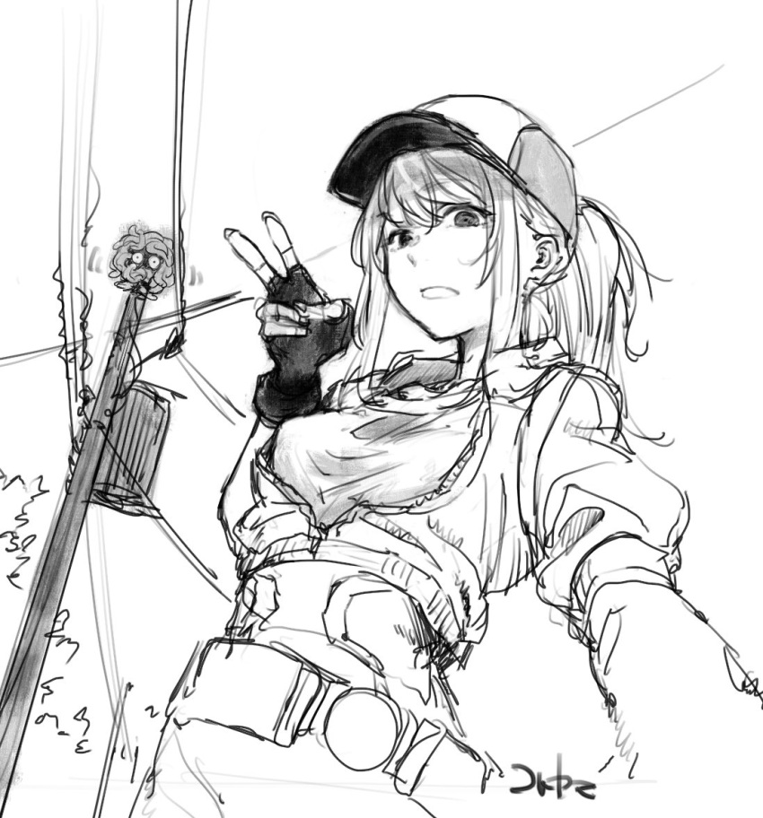 1girl baseball_cap breasts closed_mouth commentary_request cropped_jacket female_protagonist_(pokemon_go) fingerless_gloves gen_1_pokemon gloves hat kotoyama long_hair looking_at_viewer monochrome pokemon pokemon_(creature) pokemon_(game) pokemon_go ponytail self_shot tangela