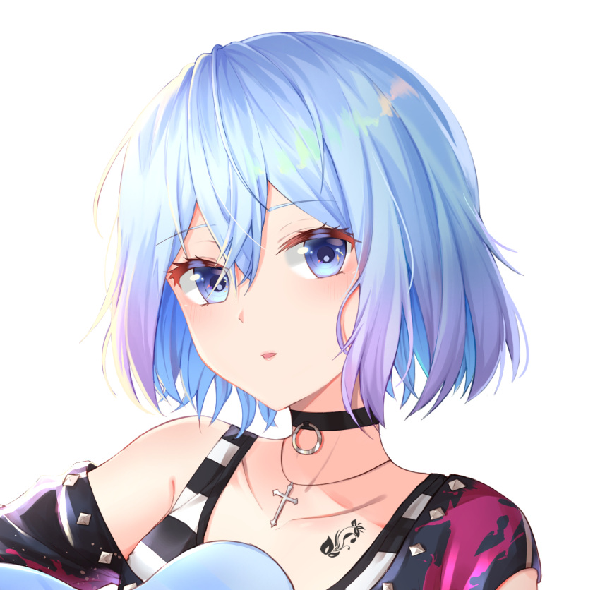 1girl blue_eyes blue_hair blush choker close-up collarbone cross cross_necklace eyebrows_visible_through_hair guitar highres holding holding_instrument instrument jewelry looking_at_viewer necklace original parted_lips short_hair simple_background solo tattoo upper_body white_background yeoru