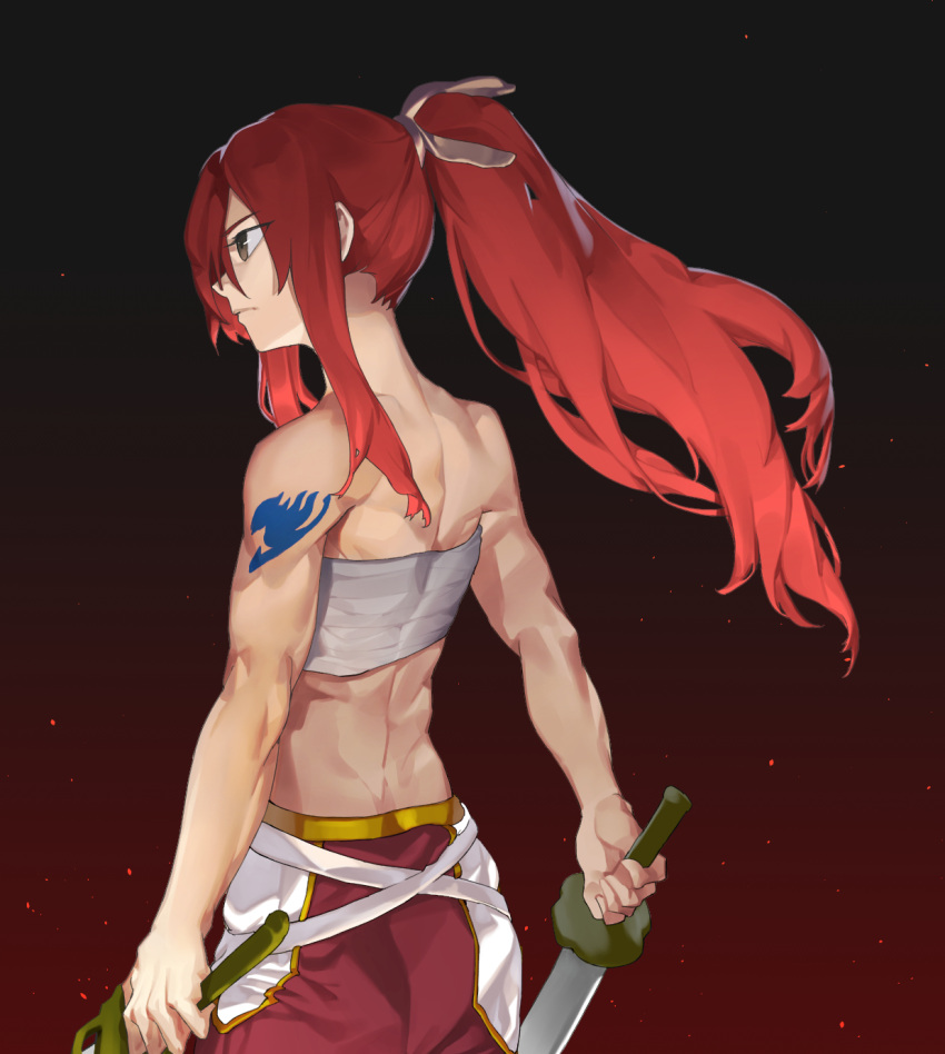 1girl arm_tattoo arms_at_sides back bandaid bare_arms bare_shoulders brown_eyes closed_mouth dual_wielding embers erza_scarlet fairy_tail floating_hair from_behind hair_ribbon hal_(sin_diver) high_ponytail highres holding holding_sword holding_weapon long_hair looking_afar no_shirt pants ponytail redhead ribbon sarashi serious sidelocks solo sword tattoo toned upper_body weapon