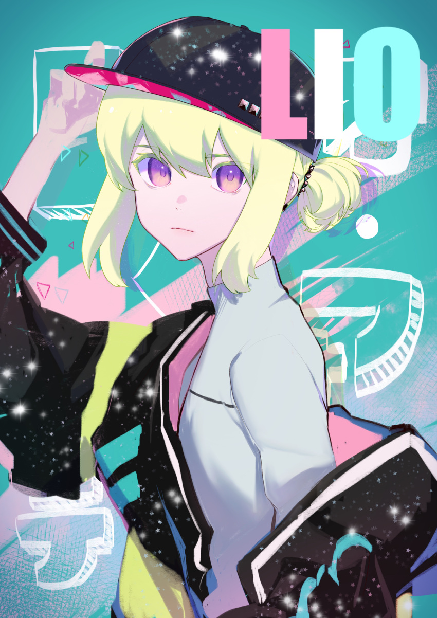 1boy absurdres androgynous bangs baseball_cap blonde_hair closed_mouth congcongcon face green_hair hair_between_eyes hat highres jacket lio_fotia long_hair looking_at_viewer male_focus off_shoulder ponytail promare upper_body violet_eyes