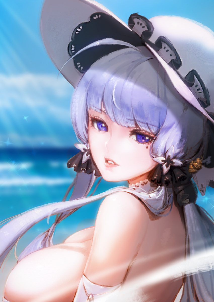 1girl aduo azur_lane beach blue_eyes blue_sky breasts elbow_gloves gloves hair_ornament hair_ribbon hat highres illustrious_(azur_lane) large_breasts light_rays long_hair looking_at_viewer looking_back mole mole_under_eye outdoors portrait purple_hair ribbon sky solo sun_hat sunbeam sunlight