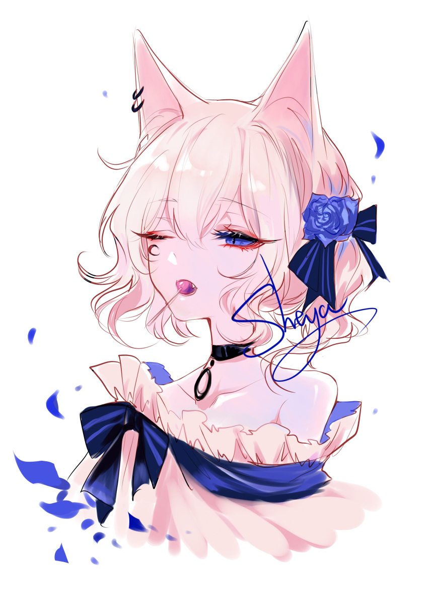 1girl absurdres animal_ears bare_shoulders black_choker blue_eyes blue_flower blue_ribbon blue_rose candy cat_ears choker earrings eyelashes flower food food_in_mouth hair_flower hair_ornament hair_ribbon highres jewelry lollipop looking_at_viewer mouth_hold off_shoulder one_eye_closed original petals ribbon rose rose_petals sheya short_hair silver_hair simple_background solo upper_body white_background