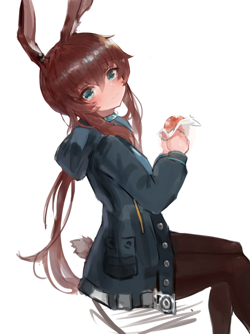 1girl amiya_(arknights) animal_ears arknights bangs blue_jacket blush brown_hair brown_legwear bunny_girl bunny_tail closed_mouth dokomon eyebrows_visible_through_hair feet_out_of_frame food green_eyes hair_between_eyes highres holding holding_food hood hood_down hooded_jacket jacket long_hair long_sleeves looking_at_viewer looking_to_the_side open_clothes open_jacket pantyhose rabbit_ears sitting smile solo tail twintails very_long_hair white_background