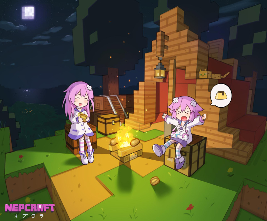 2girls battle campfire chibi d-pad d-pad_hair_ornament fire hair_ornament highres hood hoodie long_hair minecraft moon multiple_girls nepgear neptune_(neptune_series) night ocelot_(minecraft) open_mouth parody purple_hair sendrawz short_hair violet_eyes