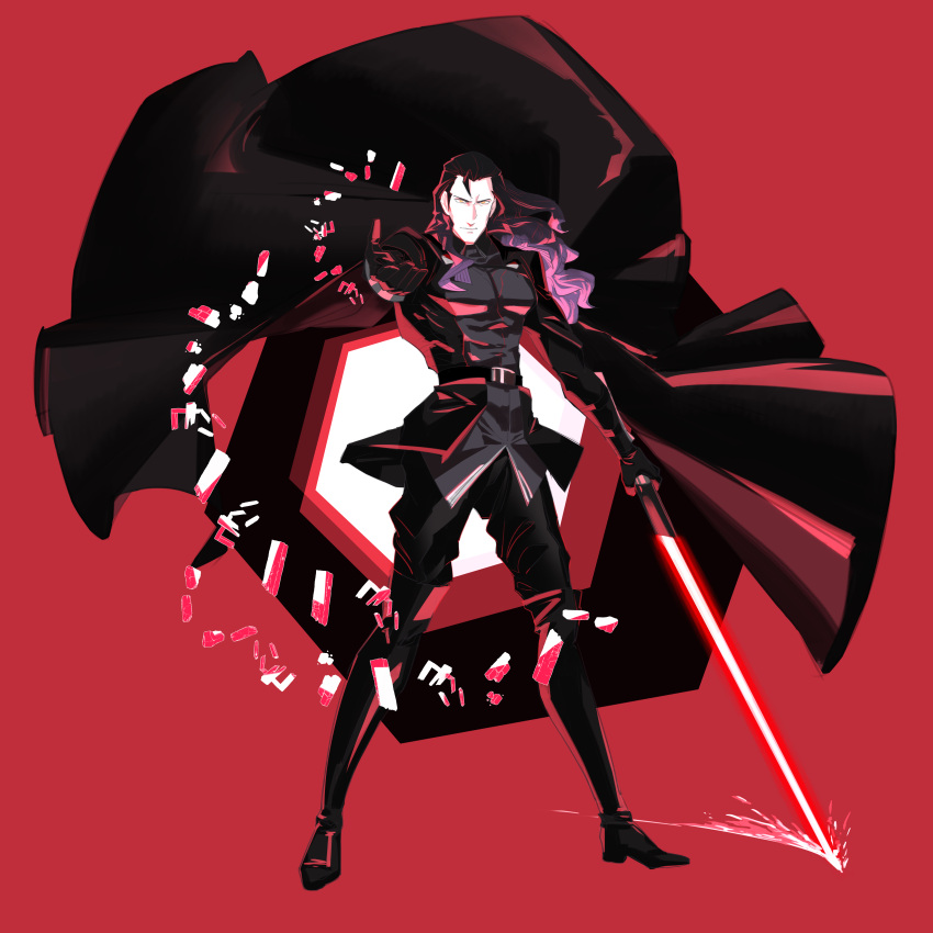 1boy absurdres belt black_cape black_footwear black_gloves black_hair black_legwear boots cape energy_sword fate/grand_order fate_(series) full_body gloves highres holding holding_weapon lightsaber long_hair looking_at_viewer male_focus nikola_tesla_(fate/grand_order) outstretched_hand red_background simple_background solo standing star_wars sword thigh-highs thigh_boots viscontiapclyps weapon
