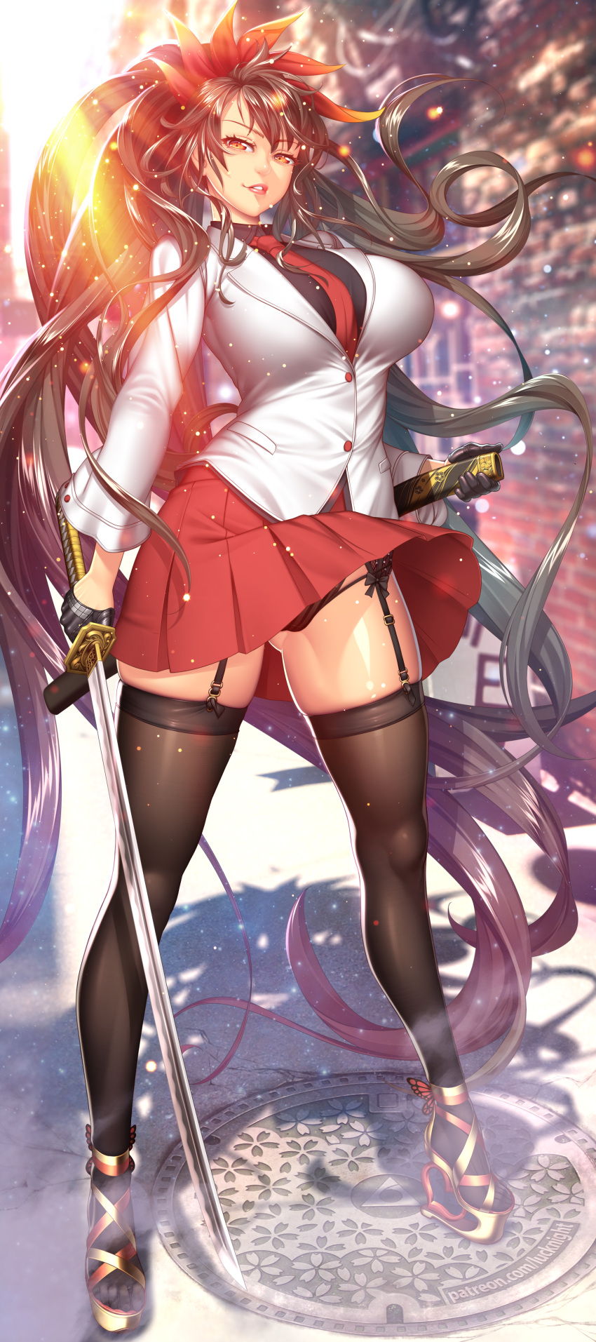 1girl absurdres ass_visible_through_thighs bangs black_hair black_legwear black_panties black_shirt blurry blurry_background breasts brown_eyes day eyebrows_visible_through_hair full_body garter_straps gloves half_gloves highres holding holding_sword holding_weapon katana large_breasts legs_apart lips long_hair looking_at_viewer lucknight manhole_cover necktie original outdoors panties parted_lips platform_footwear pleated_skirt ponytail shirt skirt skirt_lift solo standing suit_jacket sword thigh-highs underwear weapon wind wind_lift