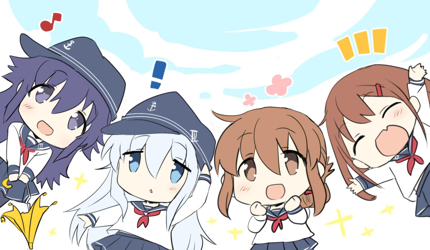 ! 4girls akatsuki_(kantai_collection) anchor_symbol black_hair black_legwear black_sailor_collar black_skirt blue_eyes blue_sky brown_eyes brown_hair chibi closed_eyes clouds commentary_request eighth_note fang flat_cap folded_ponytail hair_ornament hairclip hat hibiki_(kantai_collection) highres hizuki_yayoi ikazuchi_(kantai_collection) inazuma_(kantai_collection) kantai_collection long_hair long_sleeves multiple_girls musical_note neckerchief pantyhose pleated_skirt red_neckwear sailor_collar school_uniform serafuku short_hair silver_hair skin_fang skirt sky smile thigh-highs umbrella violet_eyes yellow_umbrella