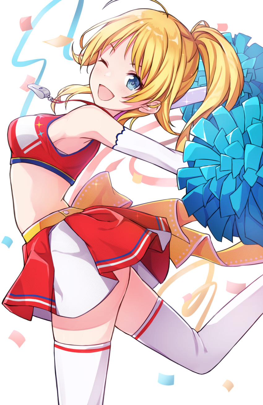 1girl ;d ahoge alisia0812 arm_warmers armpits bare_shoulders blonde_hair blue_eyes breasts cheerleader confetti crop_top hachimiya_meguru hair_flaps highres holding idolmaster idolmaster_shiny_colors leg_up long_hair looking_at_viewer medium_breasts midriff miniskirt one_eye_closed open_mouth outstretched_arms pleated_skirt pom_poms ponytail red_shirt shirt skirt sleeveless sleeveless_shirt smile solo thigh-highs whistle white_legwear zettai_ryouiki