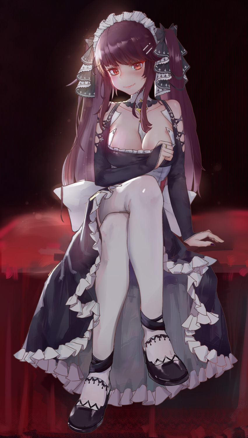 1girl absurdres artist_request azur_lane bangs black_bow black_dress black_footwear blush bow breasts commentary cosplay dress eyebrows_visible_through_hair formidable_(azur_lane) frilled_dress frills girls_frontline hair_bow highres long_hair long_sleeves looking_at_viewer nose_blush pantyhose purple_hair red_eyes shoes shoulder_cutout sitting solo wa2000_(girls_frontline)