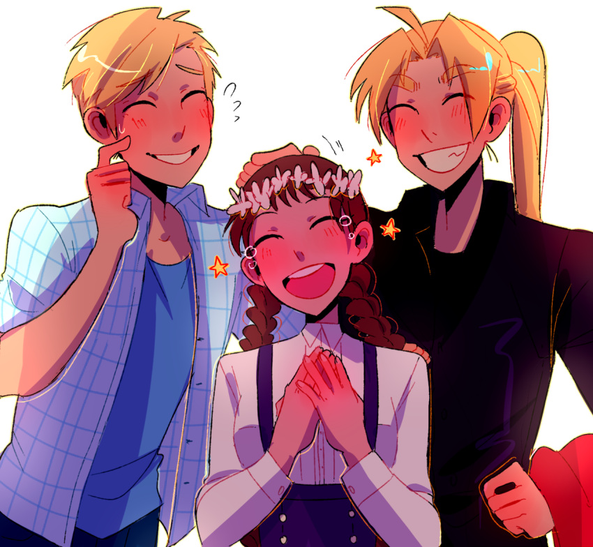 1girl 2boys :d ^_^ ahoge alphonse_elric blonde_hair blue_shirt blush braid brown_hair buttons clenched_hand closed_eyes commentary crying dress_shirt edward_elric english_commentary eyebrows_visible_through_hair finger_to_cheek fingernails flower flying_sweatdrops fullmetal_alchemist furrowed_eyebrows grin hand_on_another's_head hand_on_hip hands_on_own_chest happy happy_tears head_tilt head_wreath height_difference high_ponytail huyandere long_sleeves multiple_boys nervous nina_tucker older open_mouth petting pink_flower plaid plaid_shirt ponytail shirt short_sleeves simple_background skirt smile standing star suspender_skirt suspenders sweatdrop tears teeth twin_braids upper_body upper_teeth what_if white_background white_shirt