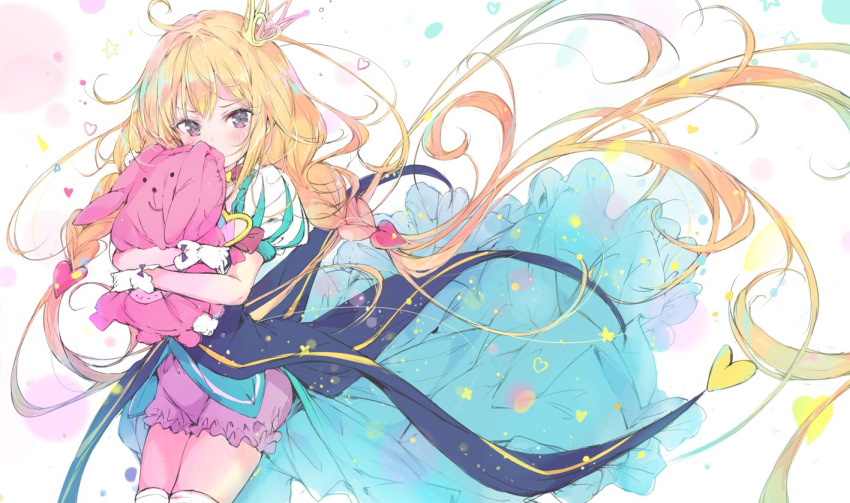 1girl blonde_hair blue_skirt blush braid brown_eyes commentary cowboy_shot crown futaba_anzu gloves green_shirt hair_ornament heart heart_hair_ornament holding holding_stuffed_animal idolmaster idolmaster_cinderella_girls long_hair looking_at_viewer low_twintails mini_crown overskirt puffy_short_sleeves puffy_sleeves pulp_piroshi pumpkin_pants purple_shorts shirt short_shorts short_sleeves shorts skirt solo standing stuffed_animal stuffed_bunny stuffed_toy thigh-highs twin_braids twintails very_long_hair white_gloves white_legwear