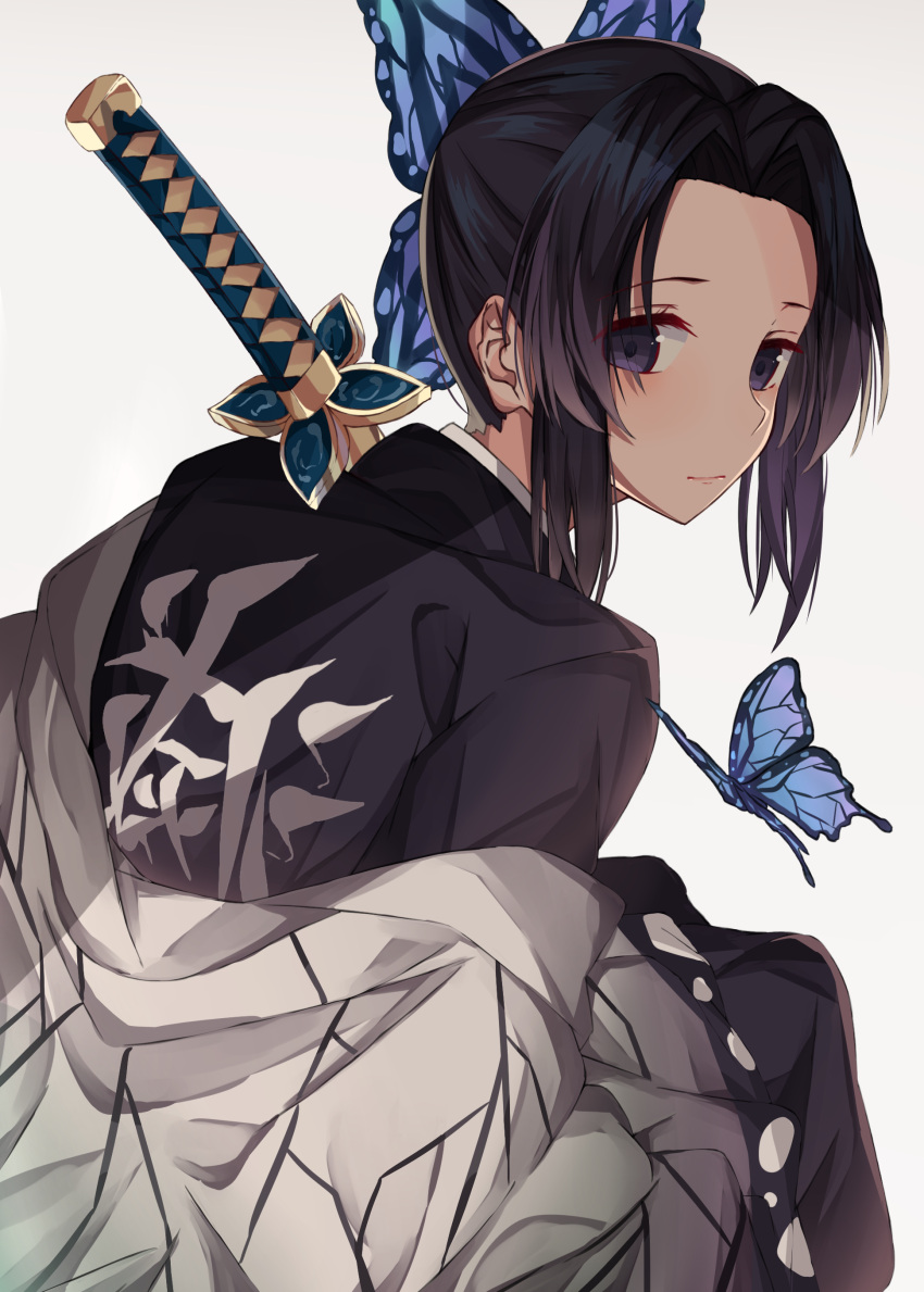 1girl absurdres animal bangs black_hair black_jacket bug butterfly butterfly_hair_ornament clothes_writing commentary_request eyebrows_visible_through_hair forehead grey_background hair_ornament highres insect jacket katana kimetsu_no_yaiba kochou_shinobu looking_at_viewer looking_back norazura off_shoulder open_clothes parted_bangs sidelocks simple_background solo sword translated violet_eyes weapon