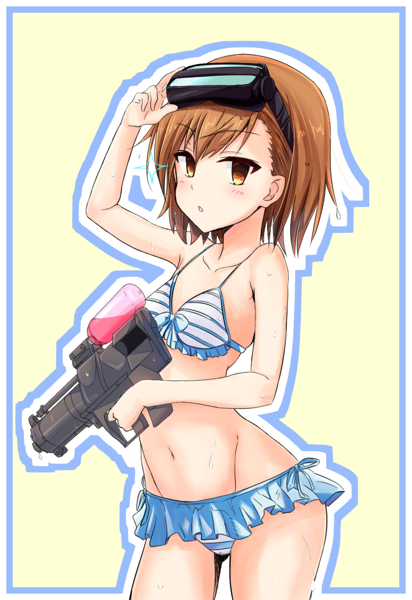 1girl bangs bikini blue_bikini blue_bow blush bow brown_eyes brown_hair collarbone cow cowboy_shot eyebrows_visible_through_hair frilled_bikini frills groin gun hair_between_eyes highres holding holding_gun holding_weapon looking_at_viewer misaka_imouto misaka_mikoto navel parted_lips shiny shiny_hair short_hair solo standing striped striped_bikini swimsuit to_aru_majutsu_no_index water_gun weapon white_background yggdra0714