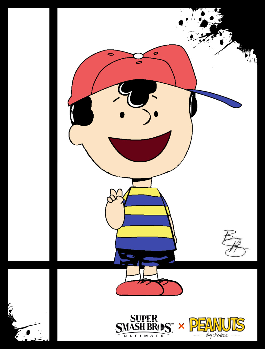 1boy :d ape_(company) artist_name black_hair cap charles_schulz_(style) child earthbound hal_laboratory_inc. kid mcmeel_syndication mother_(game) mother_2 ness nintendo open_mouth parody peanuts shirt shoes short_hair shorts smile solo sora_(company) splatter striped_shirt style_parody super_smash_bros. super_smash_bros._ultimate super_smash_bros_64 trait_joke v xeternalflamebryx