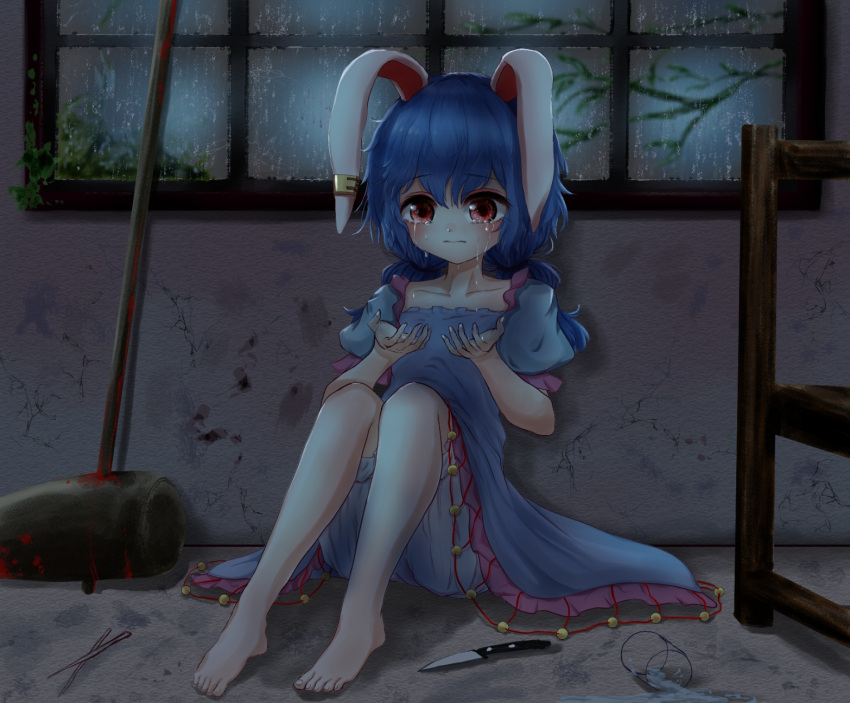 1girl against_wall ambiguous_red_liquid animal_ears arms_up barefoot bloomers blue_dress blue_hair blush chair chopsticks collarbone commentary_request crying crying_with_eyes_open cup dress drinking_glass ear_clip expressionless eyebrows_visible_through_hair hair_between_eyes highres indoors kayon_(touzoku) kine knees_up knife looking_at_viewer low_twintails mold on_floor open_hands puffy_short_sleeves puffy_sleeves rabbit_ears rain red_eyes seiran_(touhou) short_hair short_sleeves solo spill tears touhou twintails underwear window