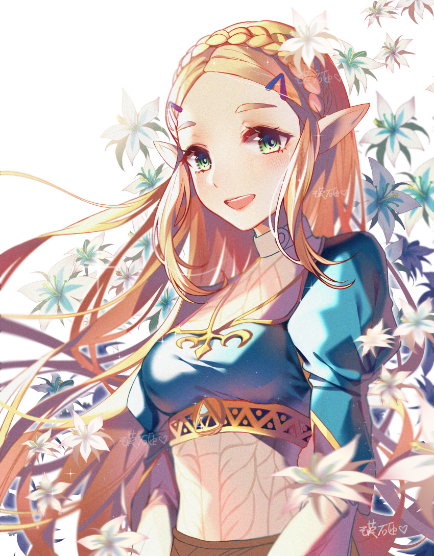 1girl :d absurdres akira_(ying) bangs blonde_hair blurry blurry_foreground blush braid breasts commentary_request crown_braid depth_of_field elf flower forehead green_eyes hair_ornament hairclip heart highres long_hair long_sleeves looking_at_viewer medium_breasts open_mouth parted_bangs pointy_ears princess_zelda puffy_short_sleeves puffy_sleeves short_over_long_sleeves short_sleeves simple_background smile solo the_legend_of_zelda thick_eyebrows upper_body upper_teeth very_long_hair white_background white_flower