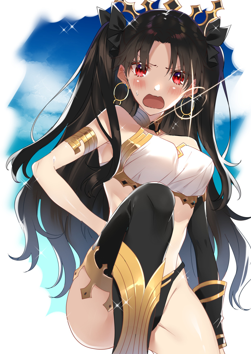 1girl armlet asymmetrical_legwear asymmetrical_sleeves bangs bare_shoulders black_bikini_bottom black_bow black_hair black_legwear blue_sky blush bow breasts detached_sleeves earrings fate/grand_order fate_(series) hair_bow highres hoop_earrings ishtar_(fate/grand_order) jewelry legs long_hair looking_at_viewer neck_ring open_mouth parted_bangs red_eyes satsukinapo single_detached_sleeve sky solo thigh-highs thighs tiara two_side_up white_bikini_top
