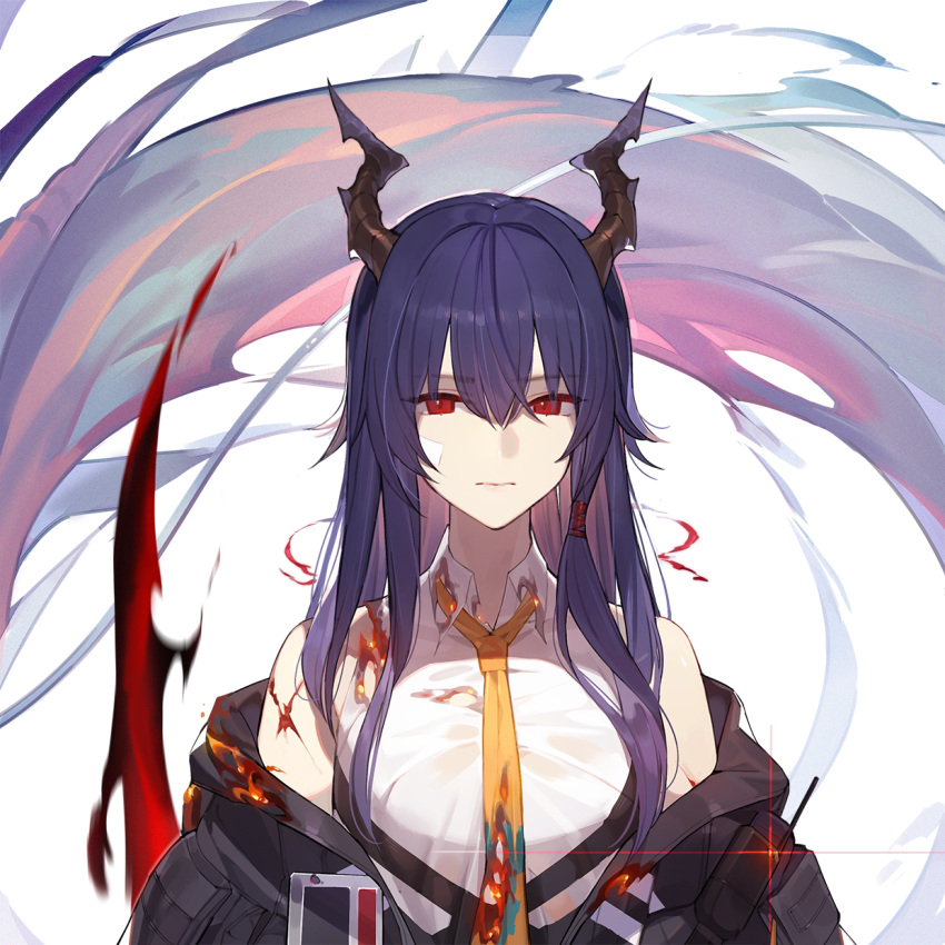 1girl arknights burnt_clothes ch'en_(arknights) expressionless highres horns inxst long_hair looking_at_viewer purple_hair red_eyes sidelocks solo torn_clothes upper_body
