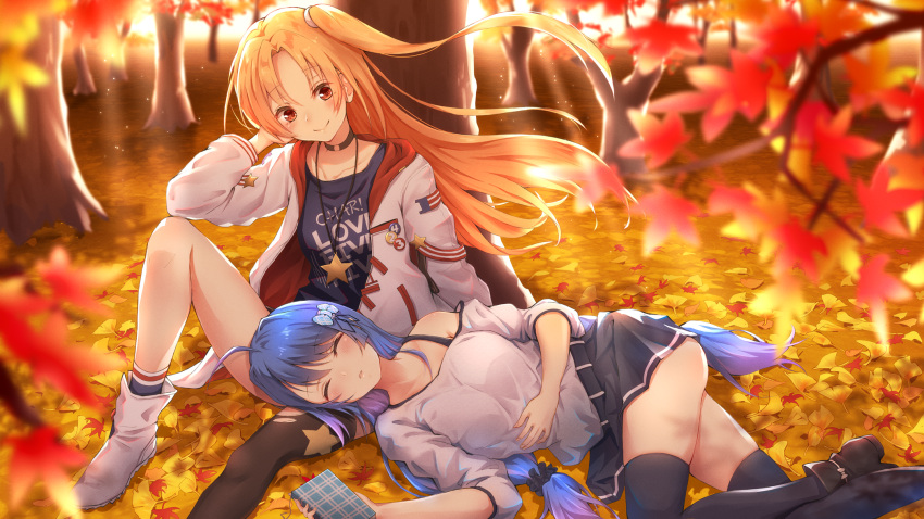 2girls ahoge autumn_leaves azur_lane bare_shoulders black_legwear black_skirt blonde_hair blue_hair blue_shirt blurry boots breasts choker cleveland_(azur_lane) cleveland_(road_trip!)_(azur_lane) commentary_request day depth_of_field floating_hair forest ginkgo_leaf helena_(azur_lane) highres jacket jewelry leaf light_rays long_hair long_sleeves looking_at_viewer maple_leaf medium_breasts miniskirt mismatched_legwear multiple_girls nature necklace off_shoulder one_side_up open_clothes open_jacket outdoors red_eyes shirt shoes single_thighhigh skirt sleeping smile socks sunbeam sunlight thigh-highs thighs toki_(toki_ship8) torn_clothes torn_legwear tree very_long_hair white_jacket white_shirt