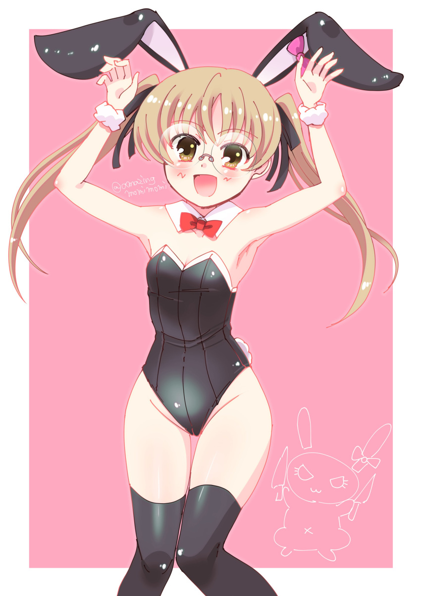 1girl :d absurdres alternate_costume animal_ears arms_up bangs black_legwear black_leotard black_ribbon blush bow bowtie brown_eyes brown_hair bunny_pose bunny_tail bunnysuit commentary detached_collar ear_ribbon emblem eyebrows_visible_through_hair fake_animal_ears fake_tail girls_und_panzer glasses hair_ribbon highres leotard long_hair looking_at_viewer mmmm oono_aya open_mouth outside_border pink_background rabbit_ears red_neckwear ribbon round_eyewear simple_background smile solo standing strapless strapless_leotard tail thigh-highs thigh_gap twintails twitter_username wristband