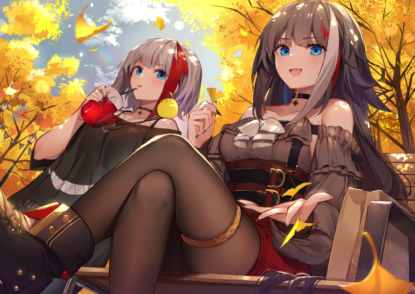 2girls :d admiral_graf_spee_(azur_lane) alternate_costume anklet autumn autumn_leaves azur_lane bag bare_shoulders belt bench black_dress black_footwear black_hair black_nails blue_eyes boots breasts brown_legwear casual choker collarbone commentary_request crossed_legs cup day deutschland_(azur_lane) disposable_cup dress drinking_straw fang fingernails ginkgo grey_hair grey_shirt highres holding jewelry kaerunoko lamppost long_hair long_sleeves looking_at_viewer medium_breasts multicolored_hair multiple_girls nail_polish off-shoulder_dress off-shoulder_shirt off_shoulder open_mouth outdoors pantyhose paper_bag park_bench red_shorts redhead sharp_fingernails shirt short_shorts shorts sidelocks silver_hair sitting skindentation smile tree tree_shade two-tone_hair underbust