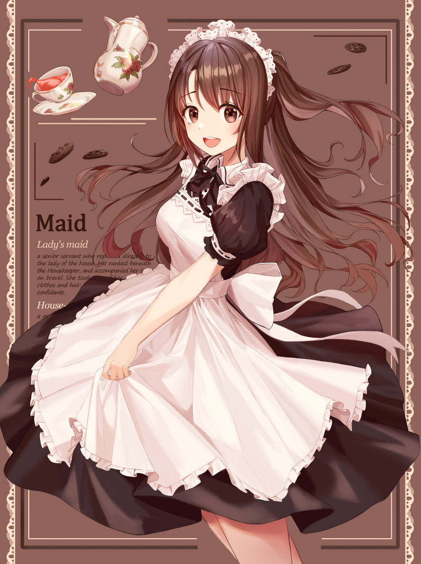 1girl :d absurdres apron black_dress black_neckwear bow bowtie breasts brown_eyes brown_hair cookie cup dress food highres idolmaster idolmaster_cinderella_girls long_dress long_hair looking_at_viewer maid maid_apron maid_headdress medium_breasts munseonghwa open_mouth puffy_short_sleeves puffy_sleeves saucer shimamura_uzuki short_sleeves smile solo spilling tea teacup two_side_up wing_collar