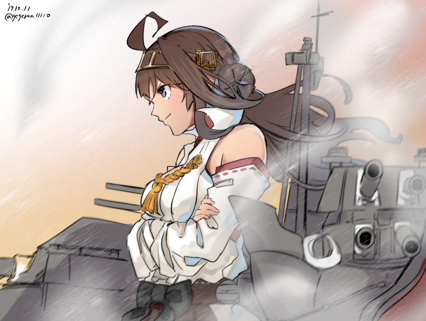 1girl ahoge brown_hair cannon commentary_request crossed_arms dated detached_sleeves double_bun gegeron grey_eyes hairband headgear highres japanese_clothes kantai_collection kongou_(kantai_collection) long_hair machinery orange_background profile remodel_(kantai_collection) ribbon-trimmed_sleeves ribbon_trim smile smoke solo turret twitter_username upper_body white_background