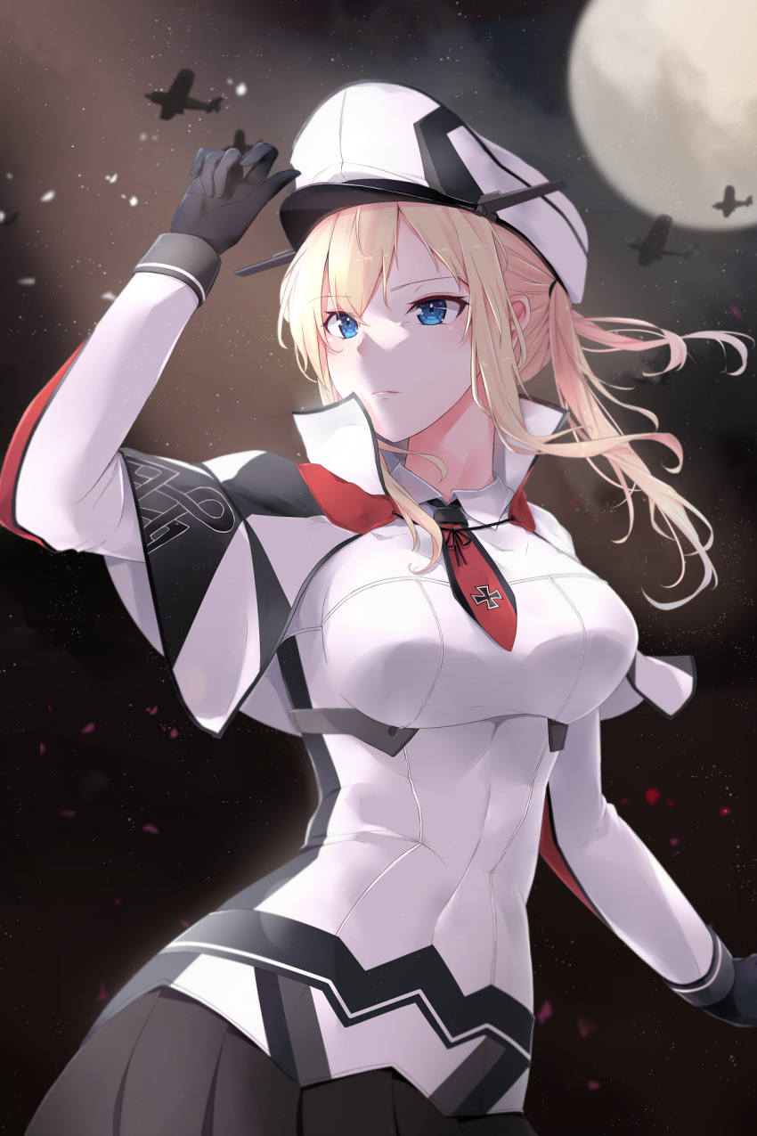1girl aircraft black_gloves blonde_hair blue_eyes blush breasts capelet commentary_request cross eyebrows_visible_through_hair full_moon gloves graf_zeppelin_(kantai_collection) hair_between_eyes hat highres impossible_clothes jacket jenson_tw kantai_collection large_breasts long_hair military military_hat military_uniform moon moonlight necktie night night_sky outdoors peaked_cap sidelocks sky solo star_(sky) tsurime twintails uniform